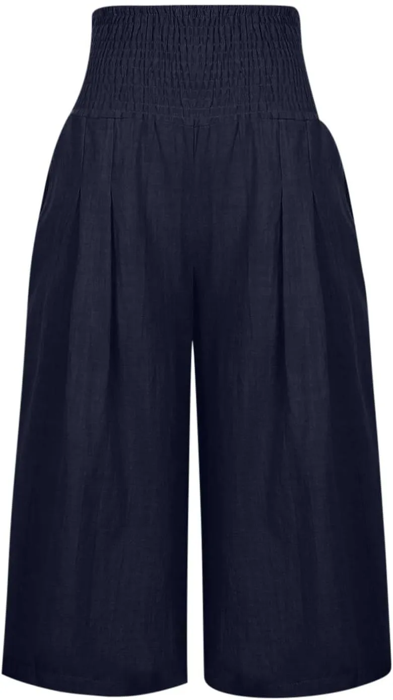 YRAETENM Women's Summer Linen Pants Casual Elastic Waisted Bohemian Capris Trousers Loose Comfy Wide Leg Pants with Pockets