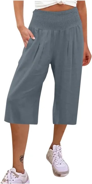 YRAETENM Women's Summer Linen Pants Casual Elastic Waisted Bohemian Capris Trousers Loose Comfy Wide Leg Pants with Pockets