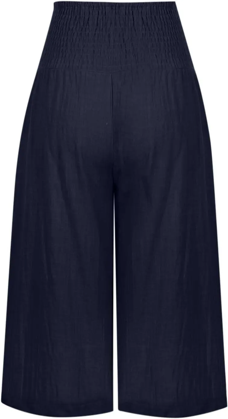 YRAETENM Women's Summer Linen Pants Casual Elastic Waisted Bohemian Capris Trousers Loose Comfy Wide Leg Pants with Pockets