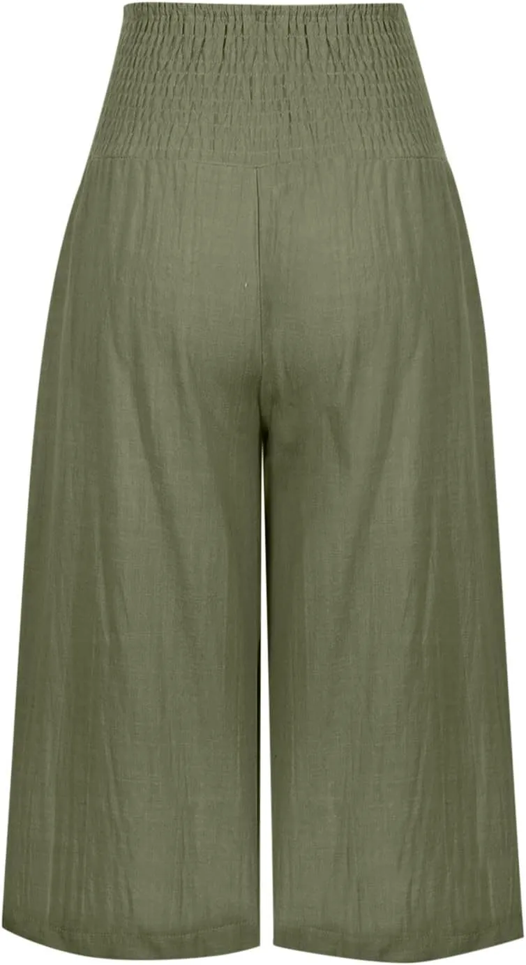 YRAETENM Women's Summer Linen Pants Casual Elastic Waisted Bohemian Capris Trousers Loose Comfy Wide Leg Pants with Pockets