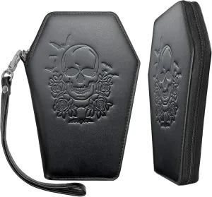 Zip Around Coffin Wallet  Cute Witchy Small Purse for Women with Skull and Bat Design Goth Accessory Wallet  Horror Coffin Purse Spooky Halloween Gothic Wallet with Wristlet Strap