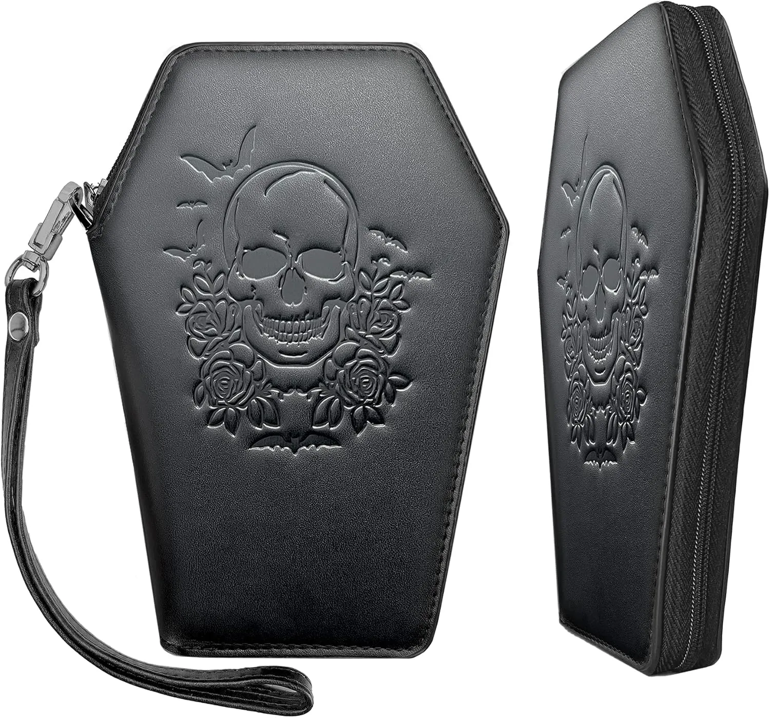 Zip Around Coffin Wallet  Cute Witchy Small Purse for Women with Skull and Bat Design Goth Accessory Wallet  Horror Coffin Purse Spooky Halloween Gothic Wallet with Wristlet Strap